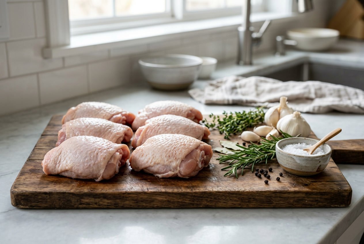 A close-up of raw chicken thighs on a wooden cutting board with fresh herbs and garlic cloves on a kitchen countertop.
