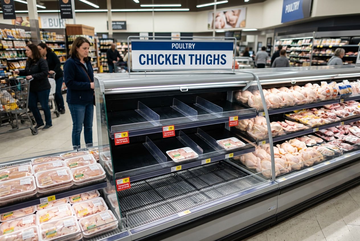 Empty refrigerated meat shelves labeled for chicken thighs in a grocery store with other meats fully stocked nearby and shoppers in the background.