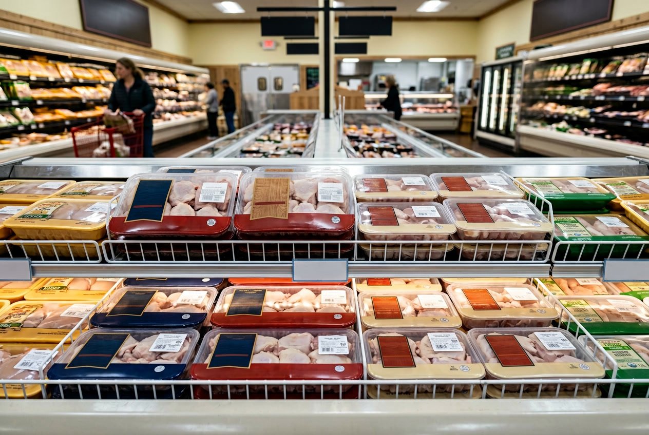 A grocery store poultry section with neatly arranged packages of chicken thighs on shelves.