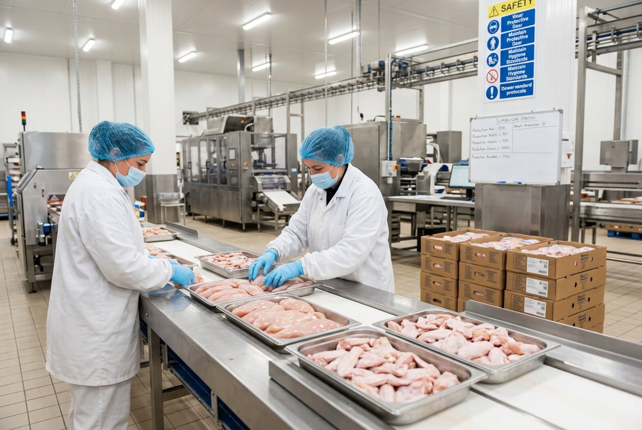 Workers inspecting chicken meat on a conveyor belt in a poultry processing plant with no chicken thighs visible.