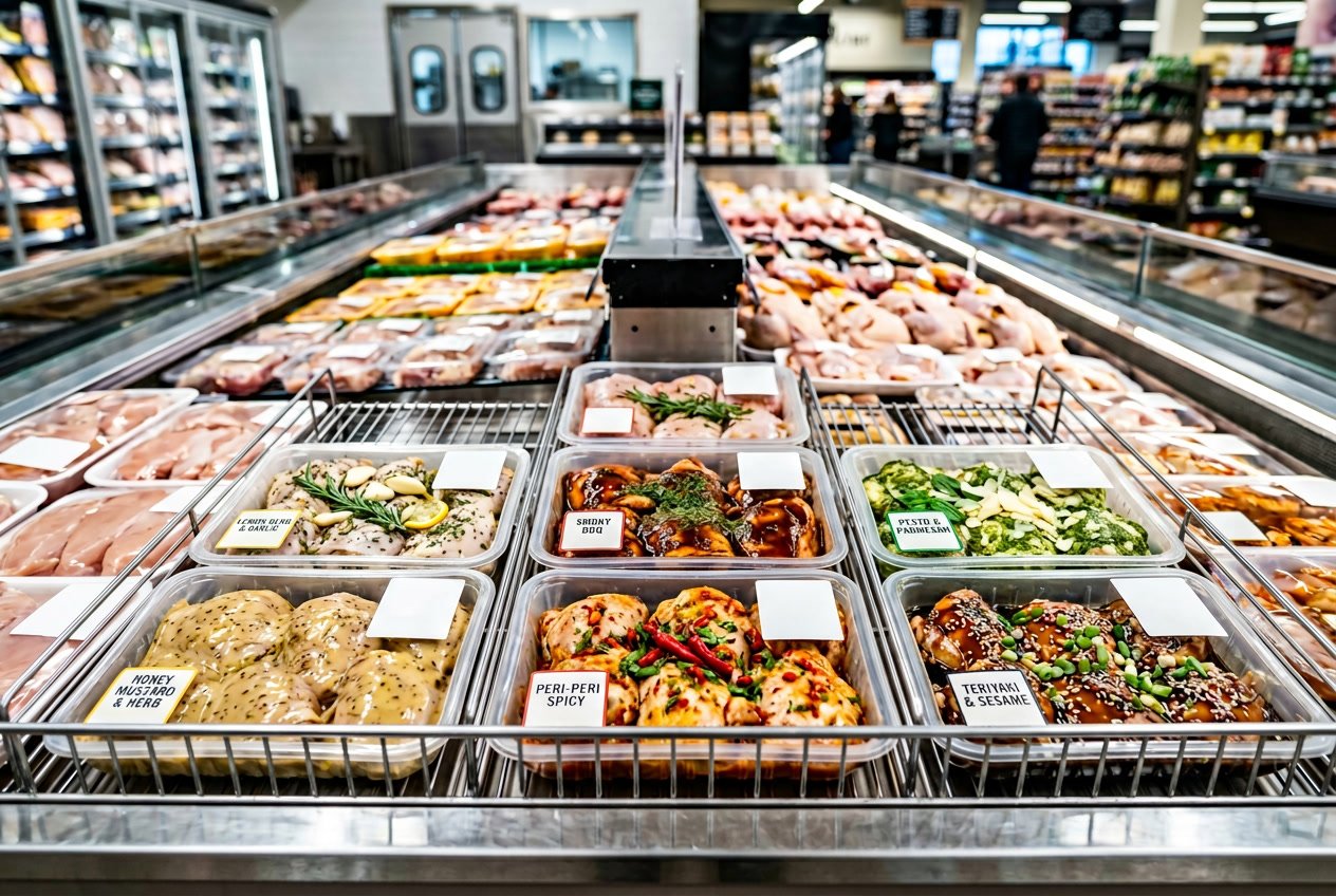 Refrigerated grocery store display of pre-marinated and specialty chicken thighs in clear trays, arranged neatly on shelves.