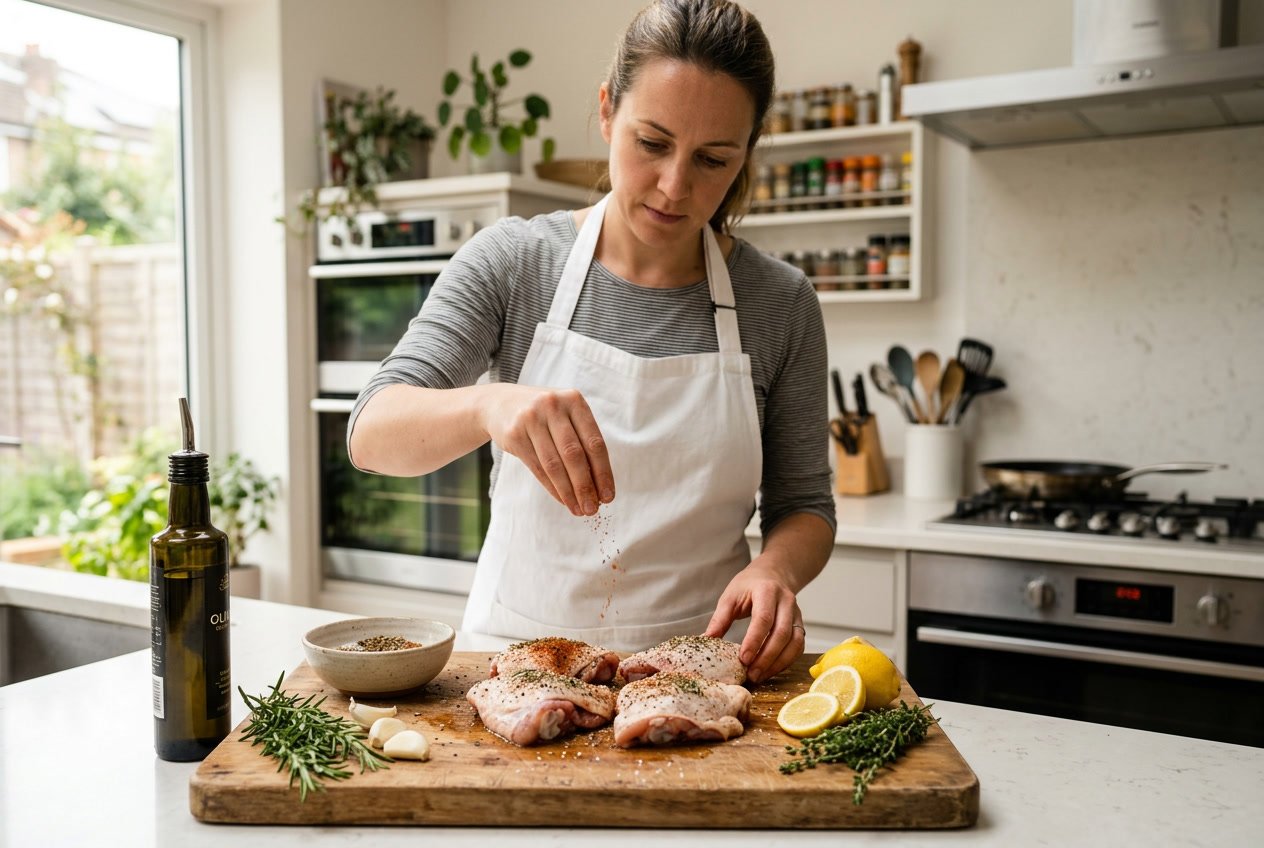 Person seasoning raw chicken thighs on a cutting board in a bright kitchen with cooking ingredients nearby.
