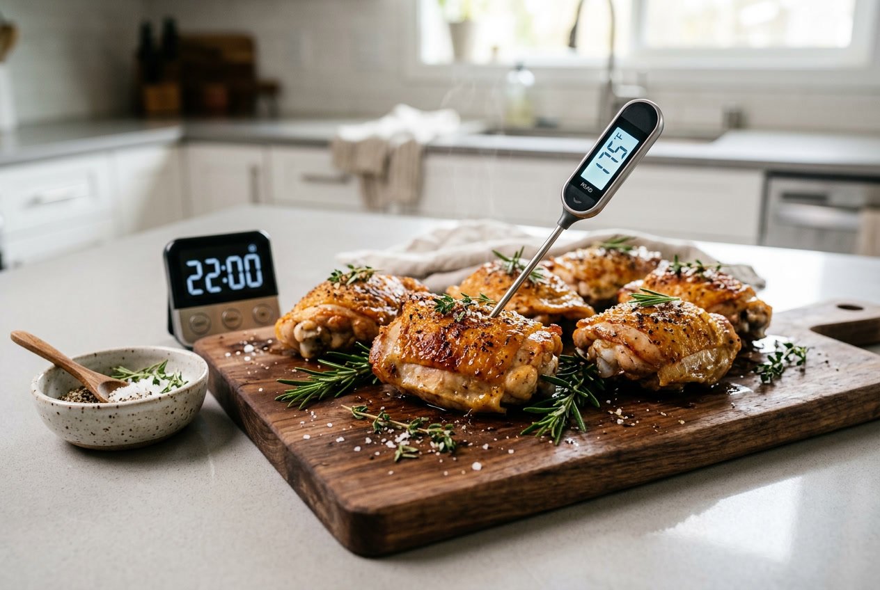 Close-up of cooked chicken thighs on a wooden cutting board with a meat thermometer and fresh herbs in a kitchen setting.