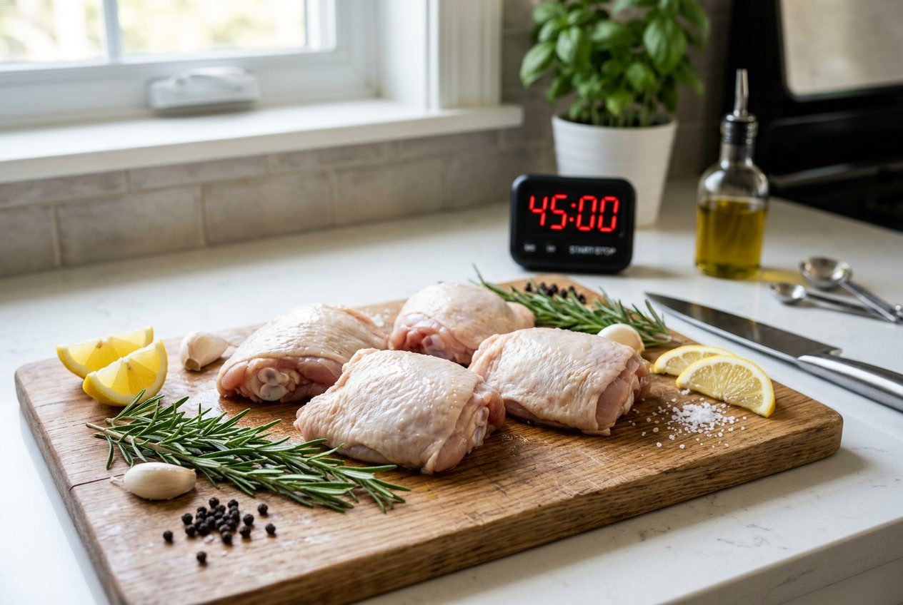 Raw chicken thighs on a cutting board with fresh herbs, lemon slices, and a kitchen timer in a modern kitchen setting.