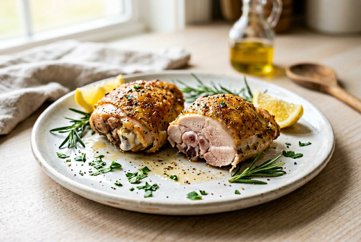 A plate of cooked chicken thighs with a slight pink color near the bone, garnished with herbs and lemon wedges on a kitchen countertop.