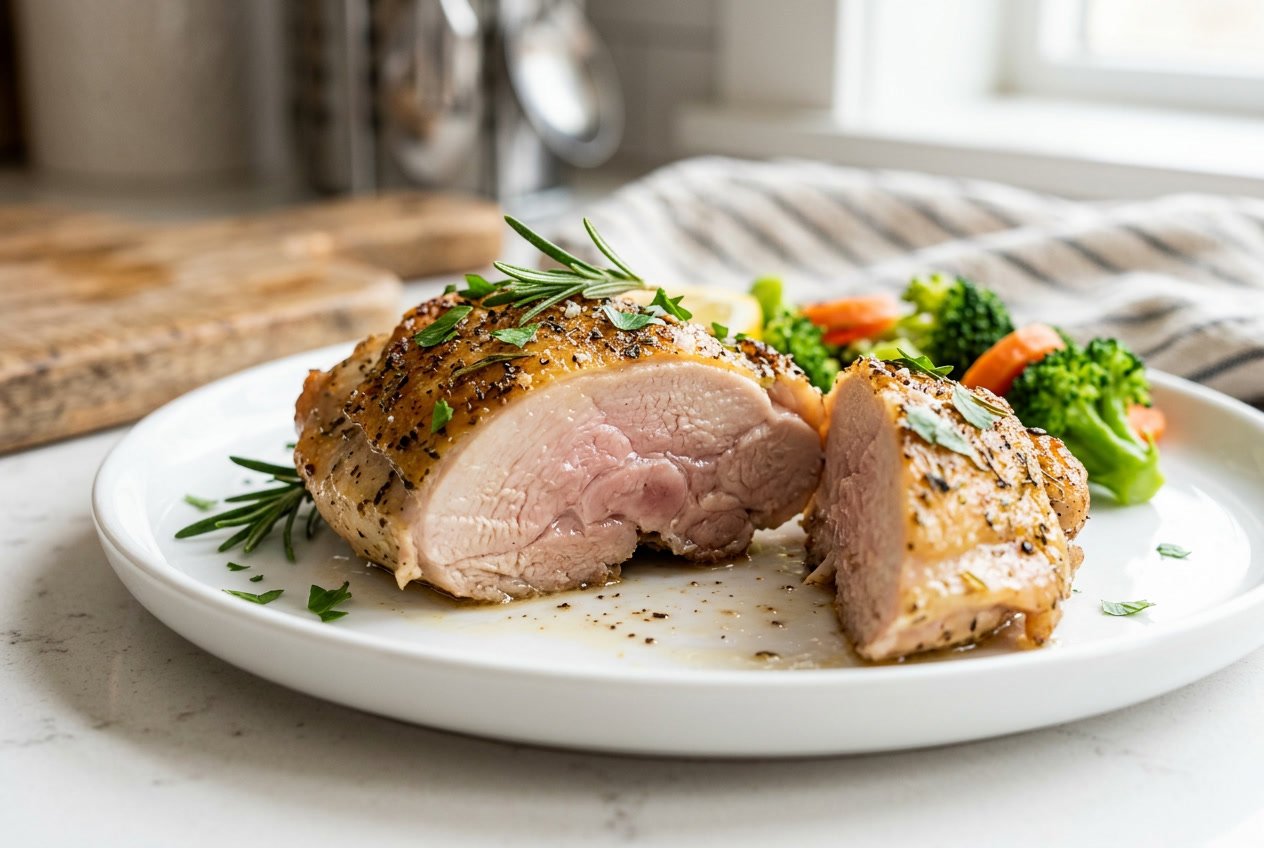 Close-up of a cooked chicken thigh on a white plate with fresh herbs and steamed vegetables in the background.