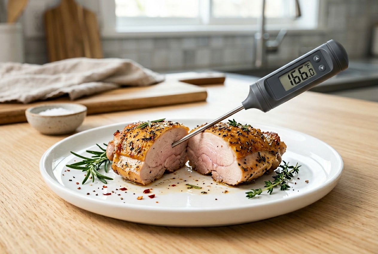 A sliced chicken thigh showing a slightly pink interior with a digital meat thermometer inserted, surrounded by fresh herbs on a white plate.