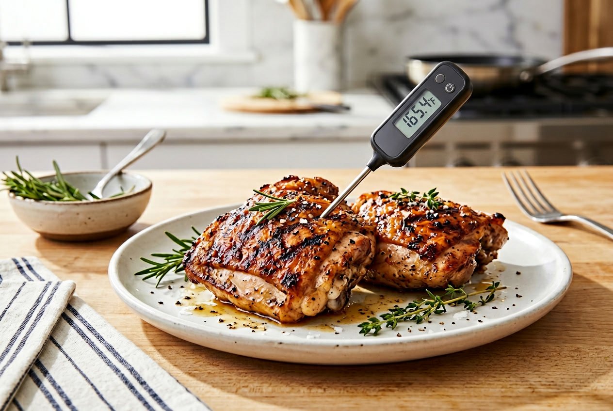 Cooked chicken thighs on a white plate with a digital meat thermometer inserted, set on a kitchen countertop.