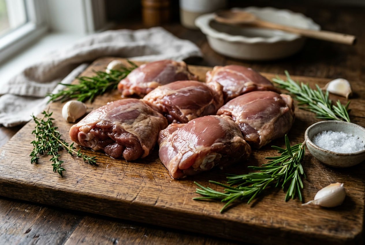 Close-up of raw chicken thighs on a wooden cutting board with herbs and garlic around them.