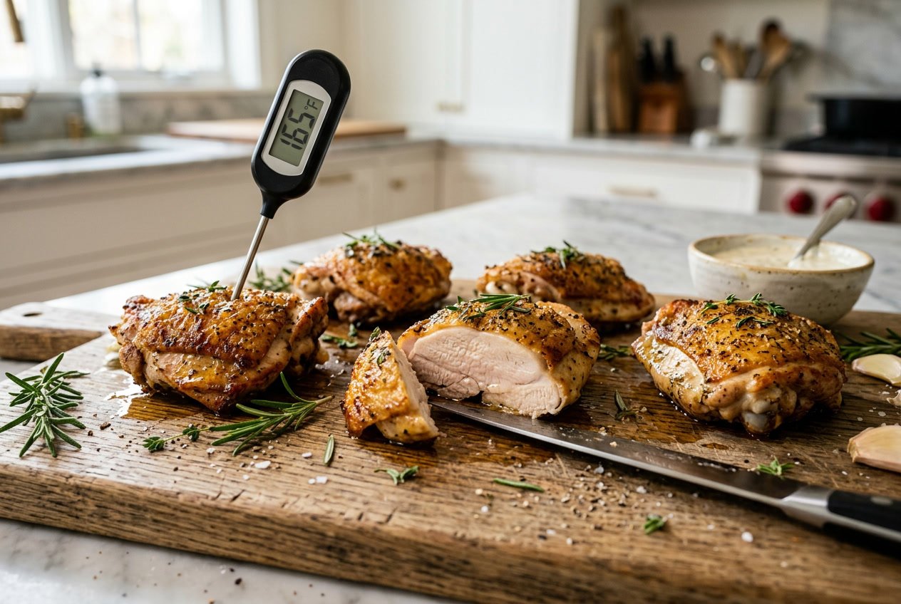 Close-up of cooked chicken thighs on a wooden board with a meat thermometer inserted, surrounded by fresh herbs and a bowl of sauce.