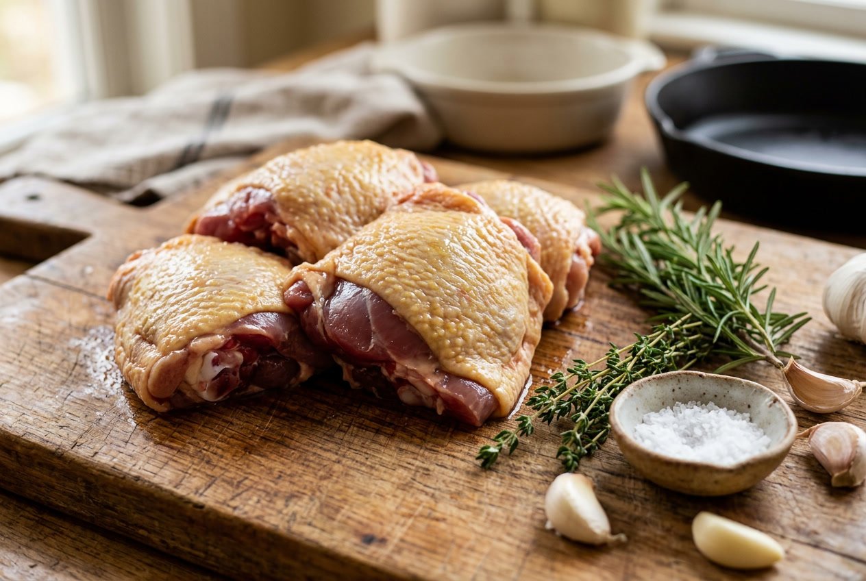 Close-up of raw chicken thighs on a wooden cutting board with fresh herbs and garlic cloves around them.