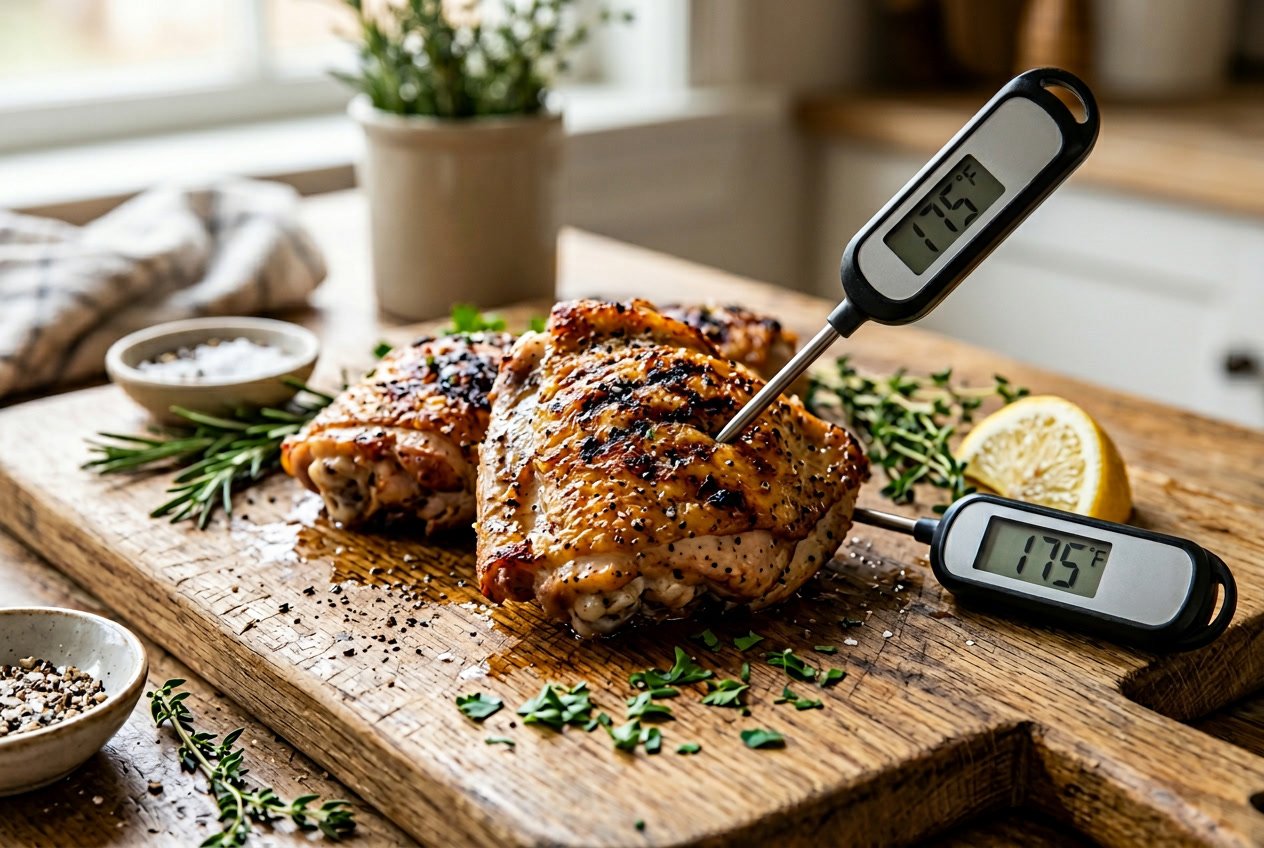 Close-up of cooked chicken thighs on a cutting board with a meat thermometer inserted, surrounded by fresh herbs and lemon.