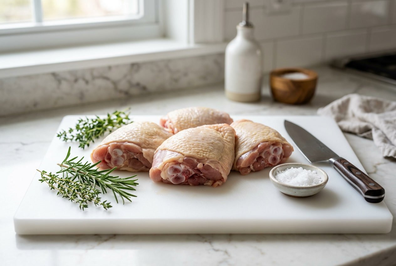 Raw chicken thighs with visible bones on a cutting board surrounded by herbs and a knife.