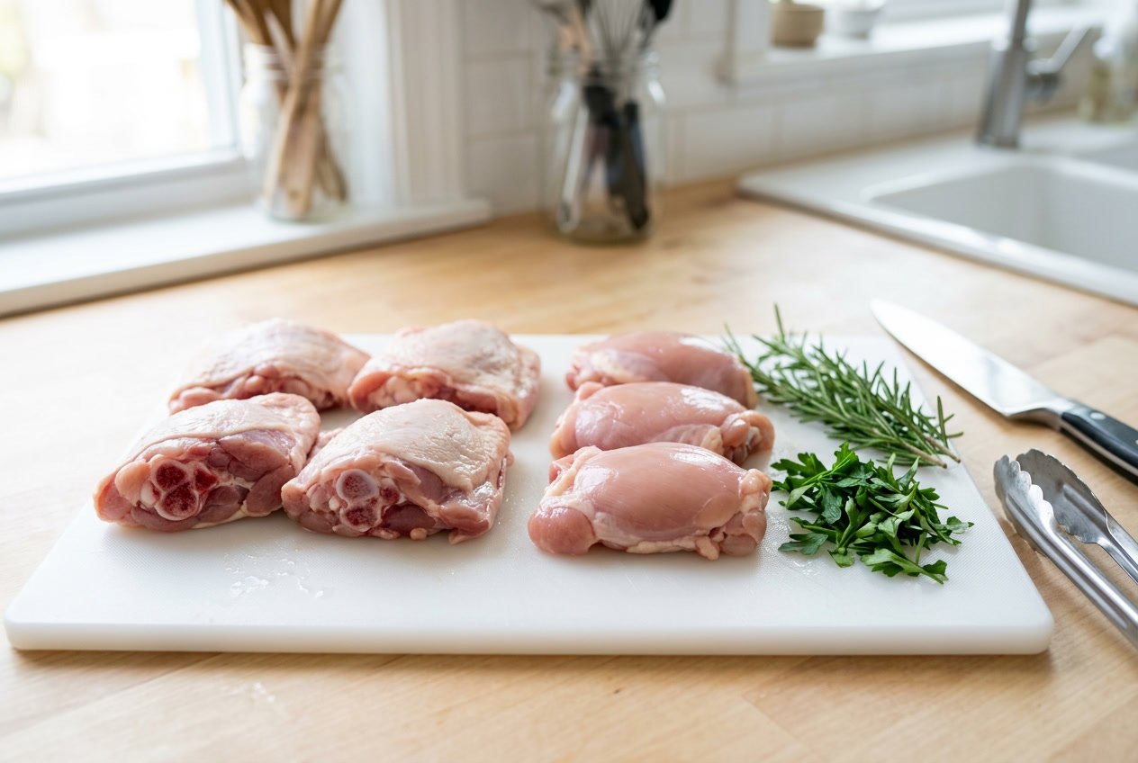 Close-up of raw chicken thighs on a cutting board with some pieces showing bones and fresh herbs nearby in a kitchen setting.