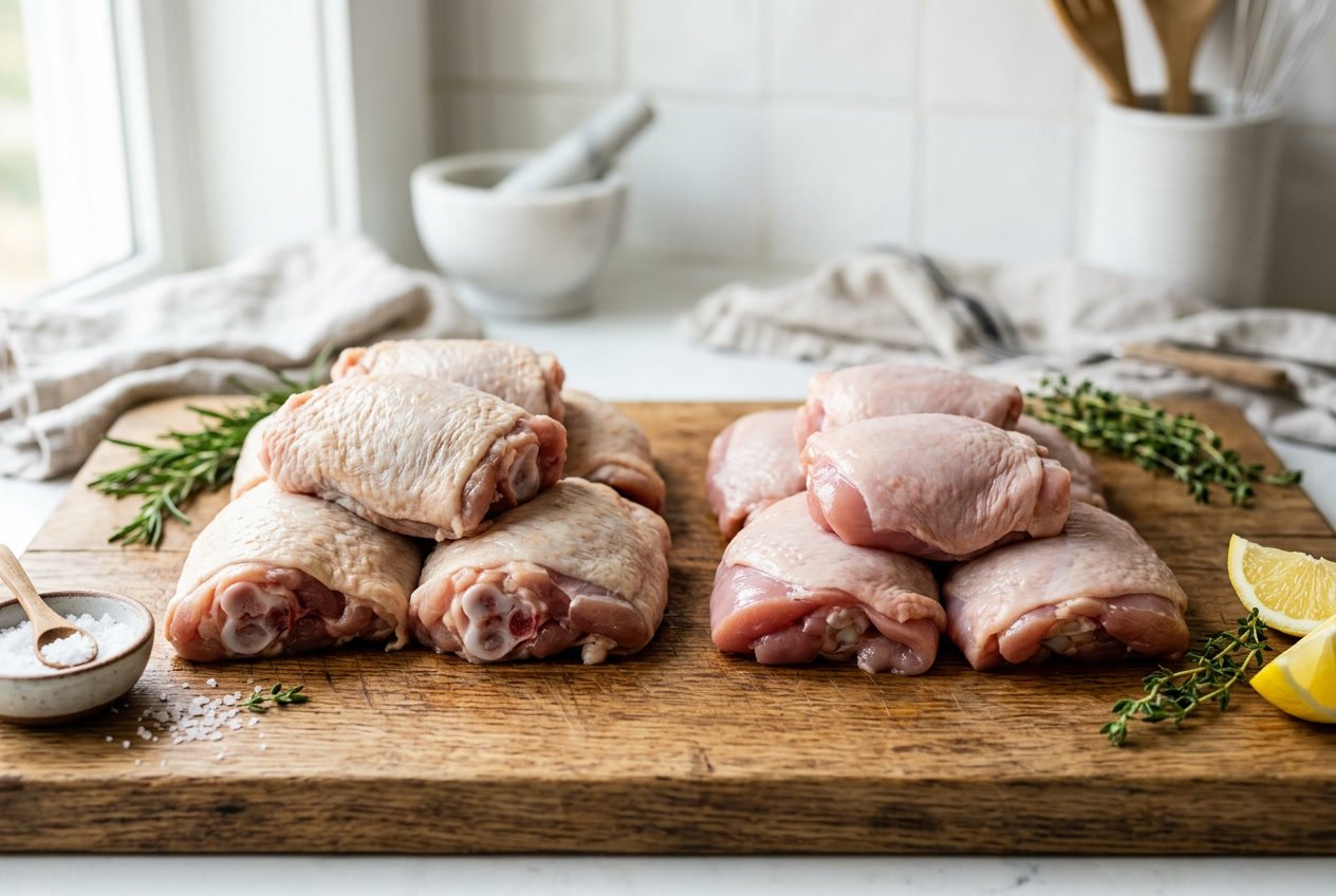 Two raw chicken thighs side by side on a cutting board, one with bones visible and one boneless, surrounded by herbs and lemon.