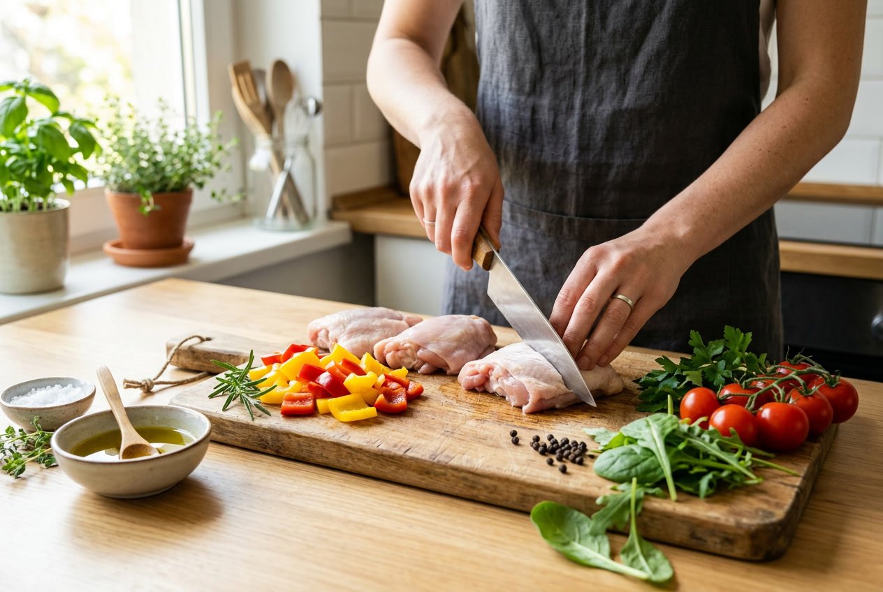 A person preparing raw chicken thighs with fresh vegetables on a wooden cutting board in a bright kitchen.