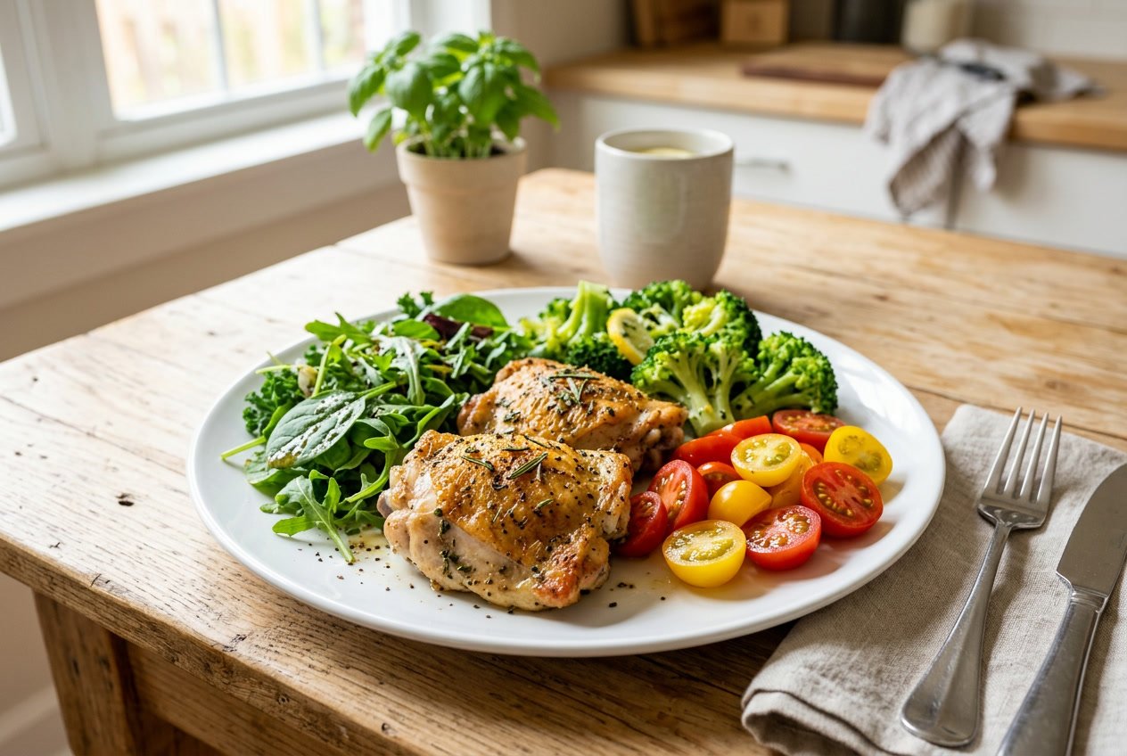 A plate with cooked chicken thighs and fresh vegetables on a kitchen table.