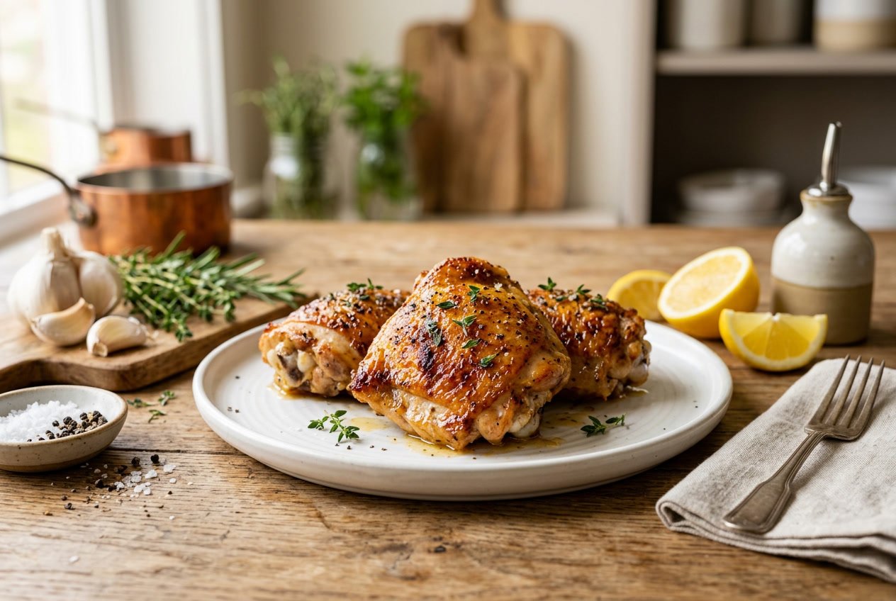 Close-up of cooked chicken thighs on a white plate with fresh herbs and lemon slices on a kitchen countertop.