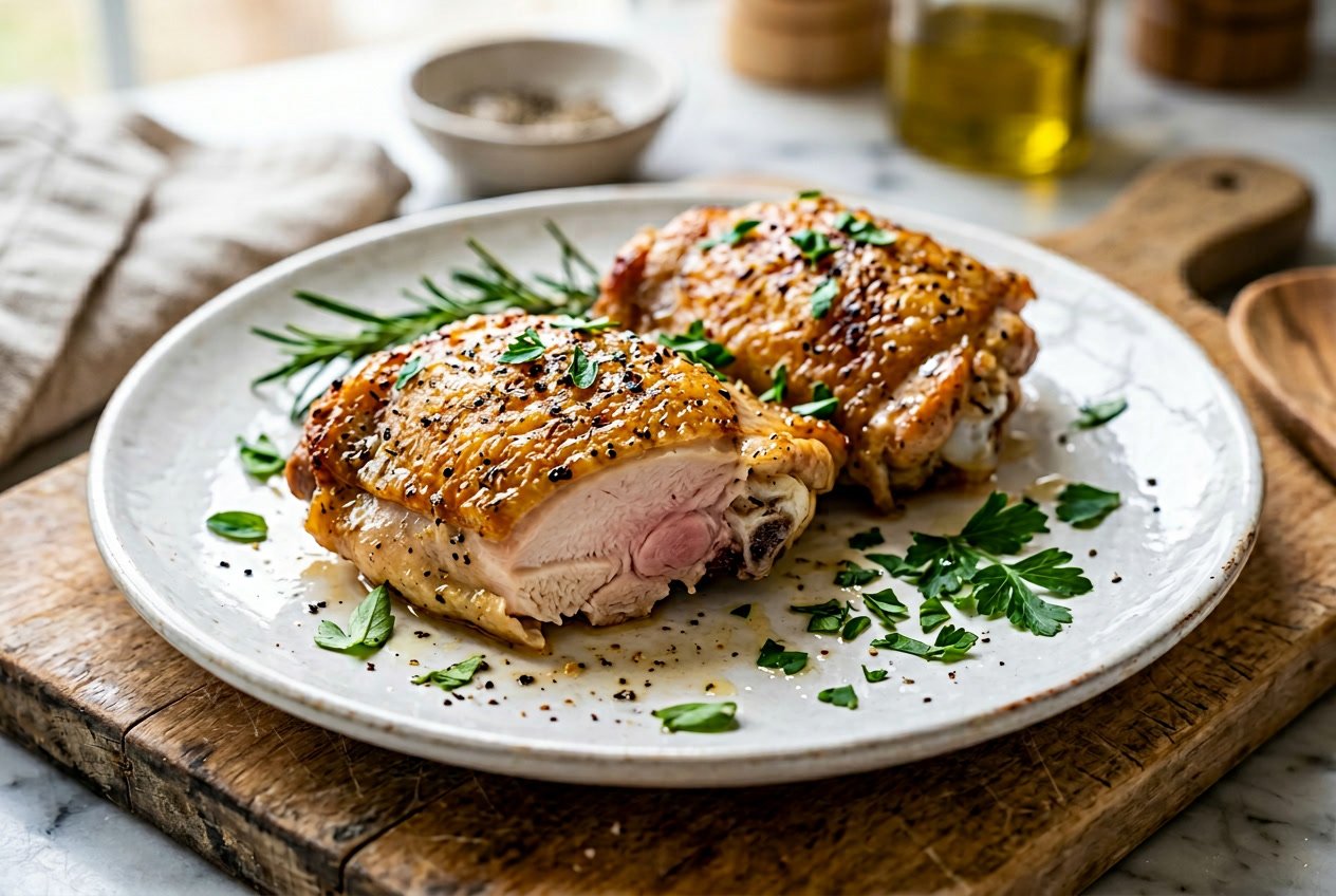Close-up of cooked chicken thighs on a white plate with green herbs, showing a slight pink color in the meat.
