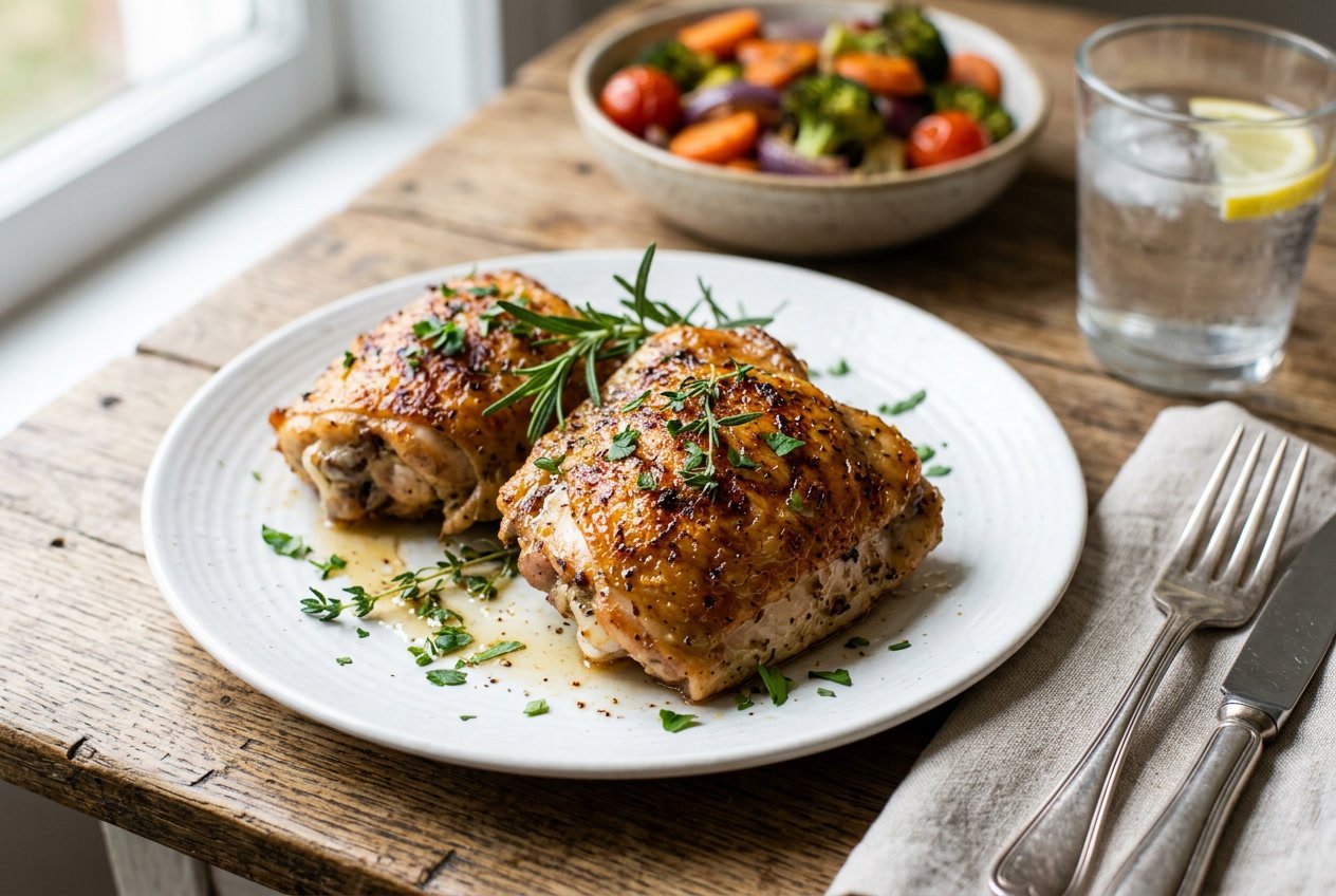 Close-up of cooked chicken thighs garnished with fresh herbs on a white plate on a wooden table with vegetables and a glass of water in the background.