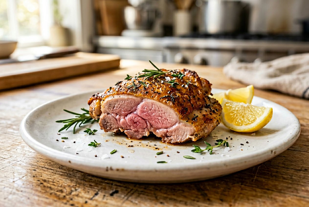 Cooked chicken thigh on a white plate garnished with herbs and lemon wedges.
