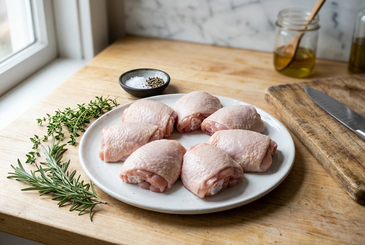 Fresh raw chicken thighs on a white plate with herbs and salt on a kitchen countertop.
