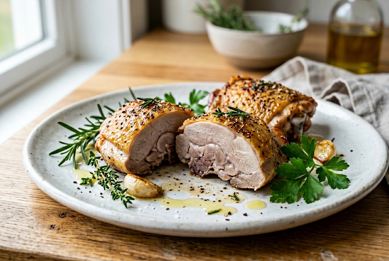Close-up of cooked chicken thighs with a slight pink center on a white plate garnished with fresh herbs.