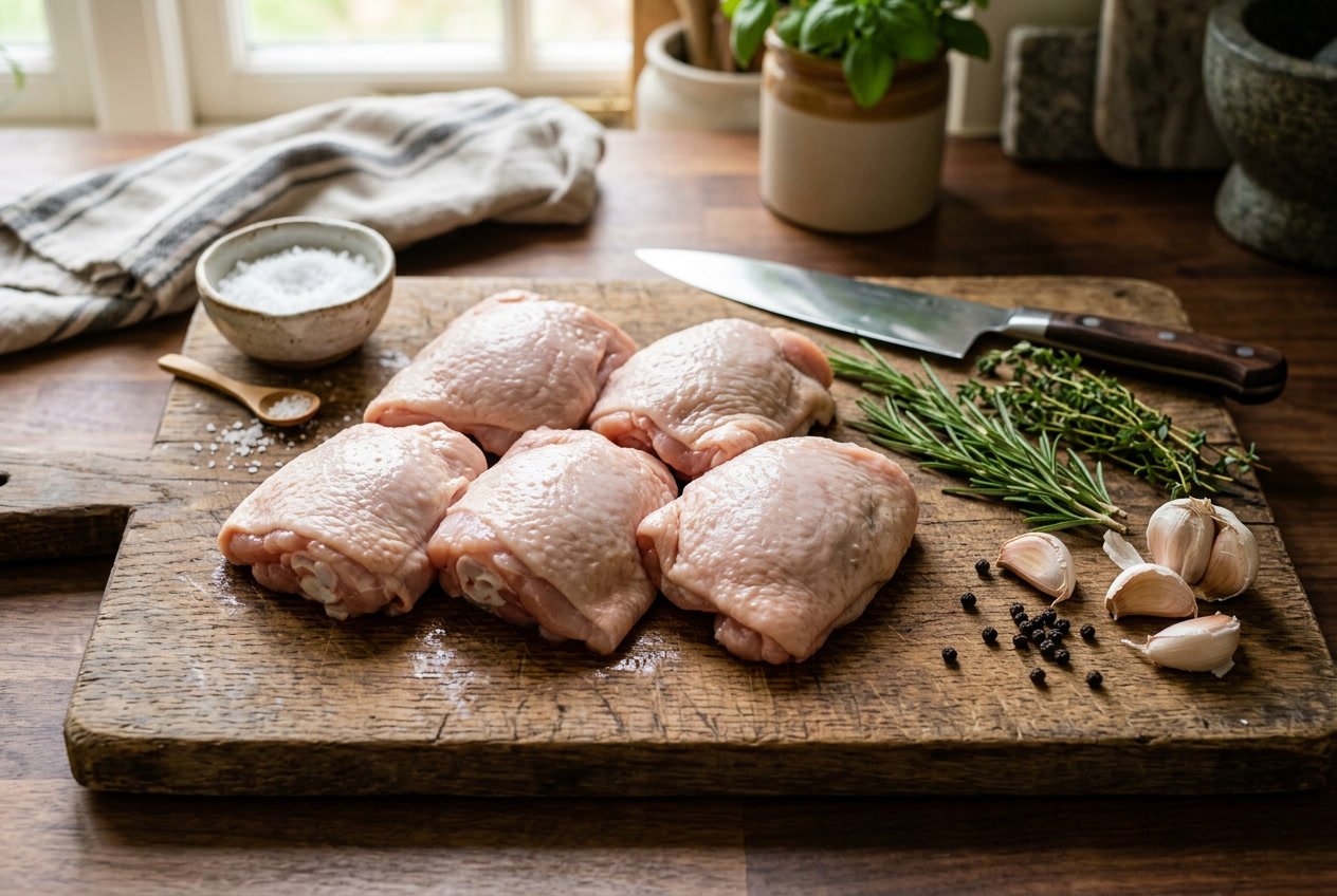 Fresh raw chicken thighs arranged on a wooden cutting board with herbs and garlic in a kitchen setting.