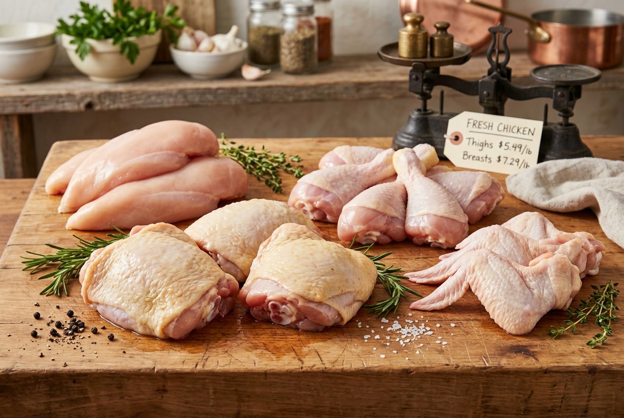 Various raw chicken cuts including thighs, breasts, and drumsticks arranged on a wooden board in a kitchen setting.