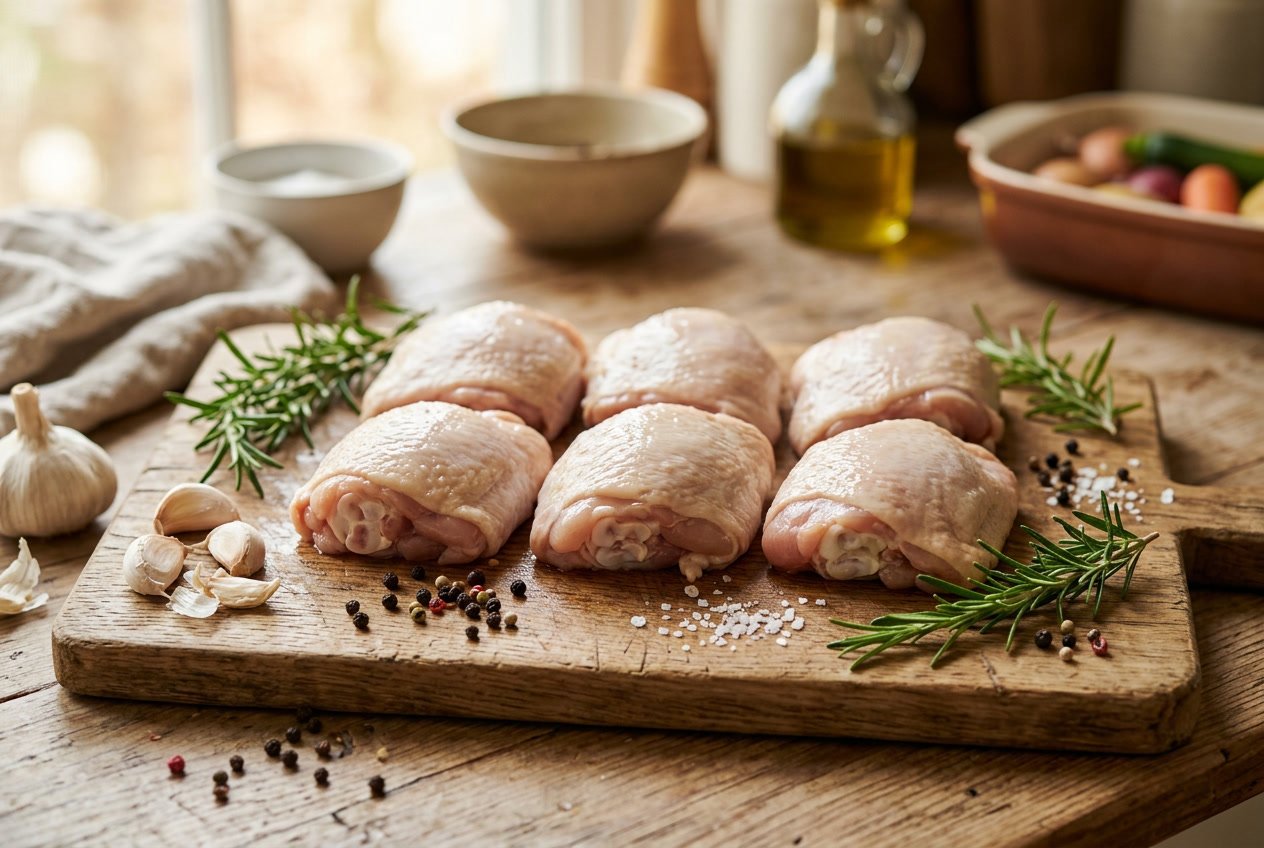 Fresh raw chicken thighs arranged on a wooden cutting board with herbs and garlic cloves nearby.