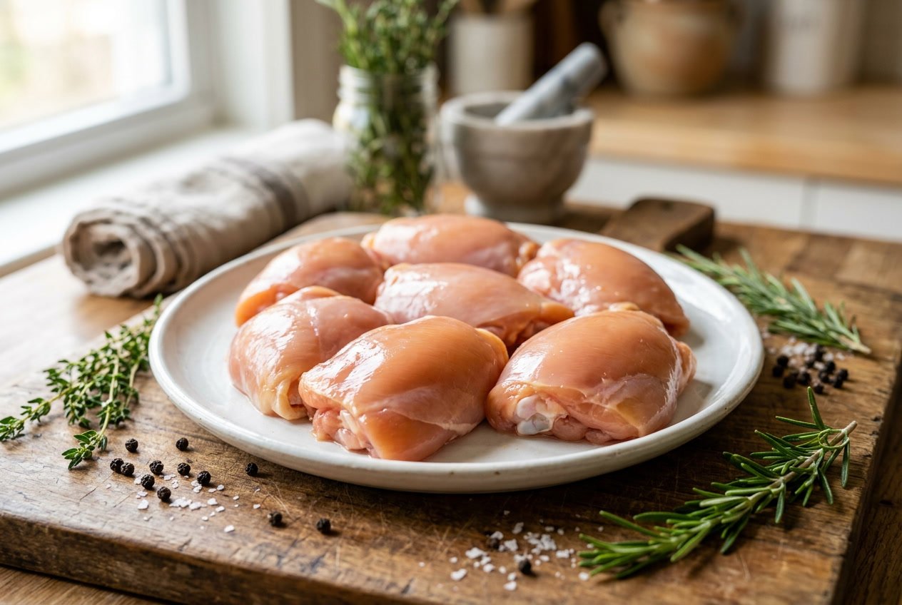 Fresh boneless chicken thighs arranged on a white plate with herbs on a wooden cutting board.