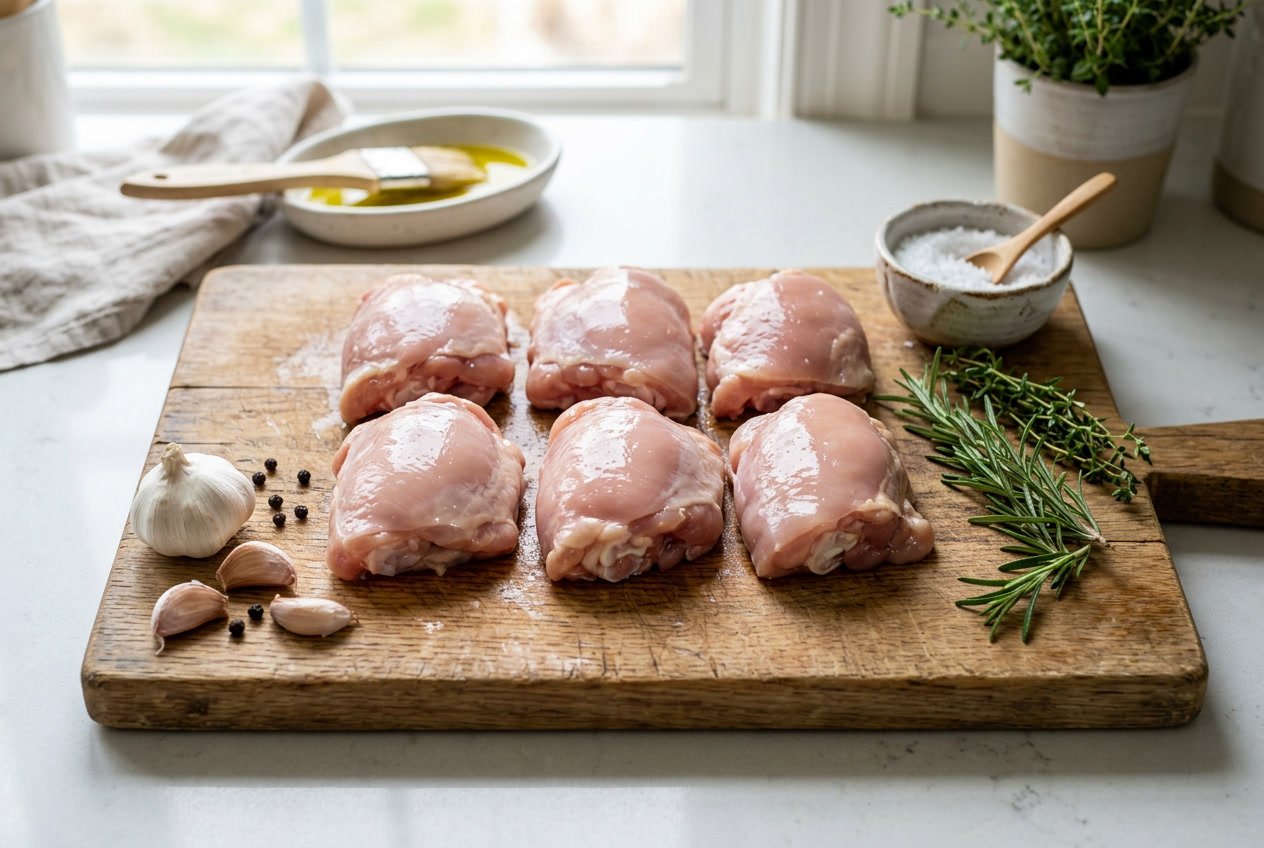 Fresh boneless chicken thighs on a wooden cutting board with herbs and garlic in a kitchen setting.