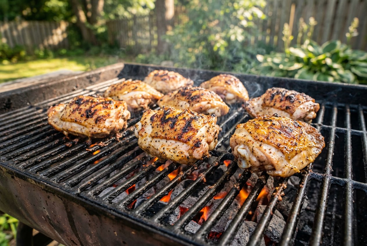 Close-up of chicken thighs cooking on a charcoal barbecue grill with glowing coals beneath.