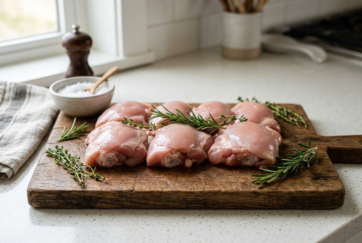 Fresh boneless chicken thighs arranged on a wooden cutting board with herbs and seasoning on a kitchen countertop.