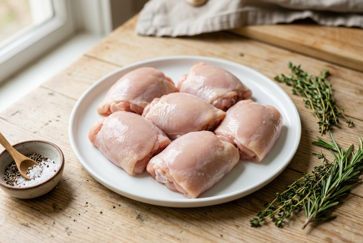 Fresh raw skinless chicken thighs on a white plate with herbs and seasoning on a wooden surface.