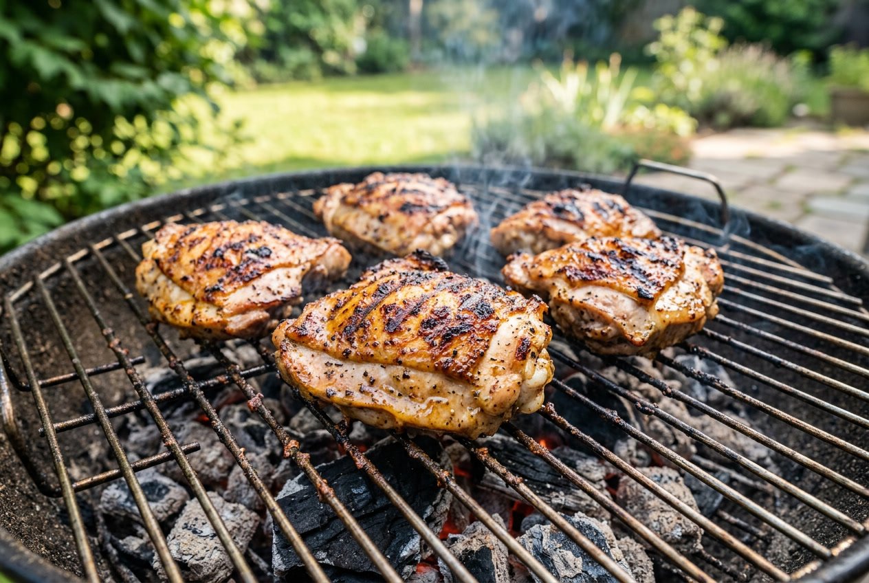 Close-up of chicken thighs cooking on a barbecue grill with smoke rising and a blurred backyard background.