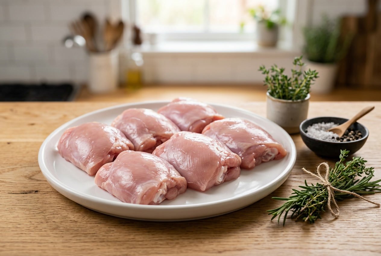 Close-up of raw skinless chicken thighs arranged on a white plate with fresh herbs and spices on a wooden countertop.