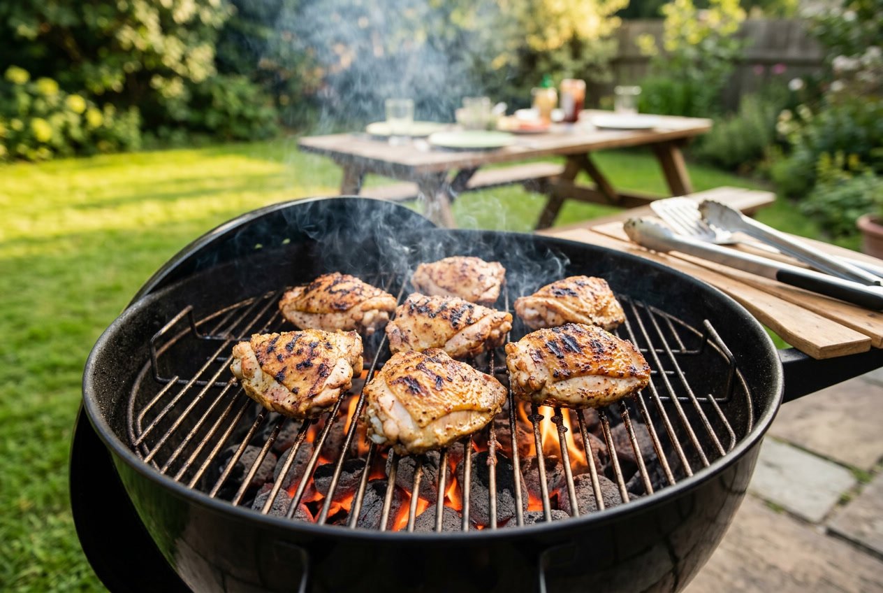 Chicken thighs cooking on a barbecue grill outdoors with smoke rising and a backyard setting in the background.
