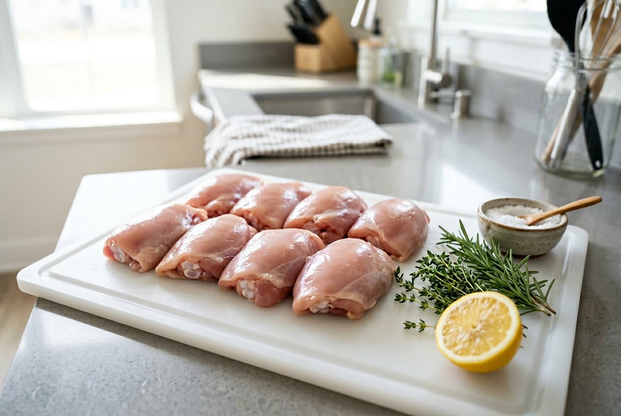 Fresh raw skinless chicken thighs on a white cutting board with herbs and lemon in a bright kitchen.