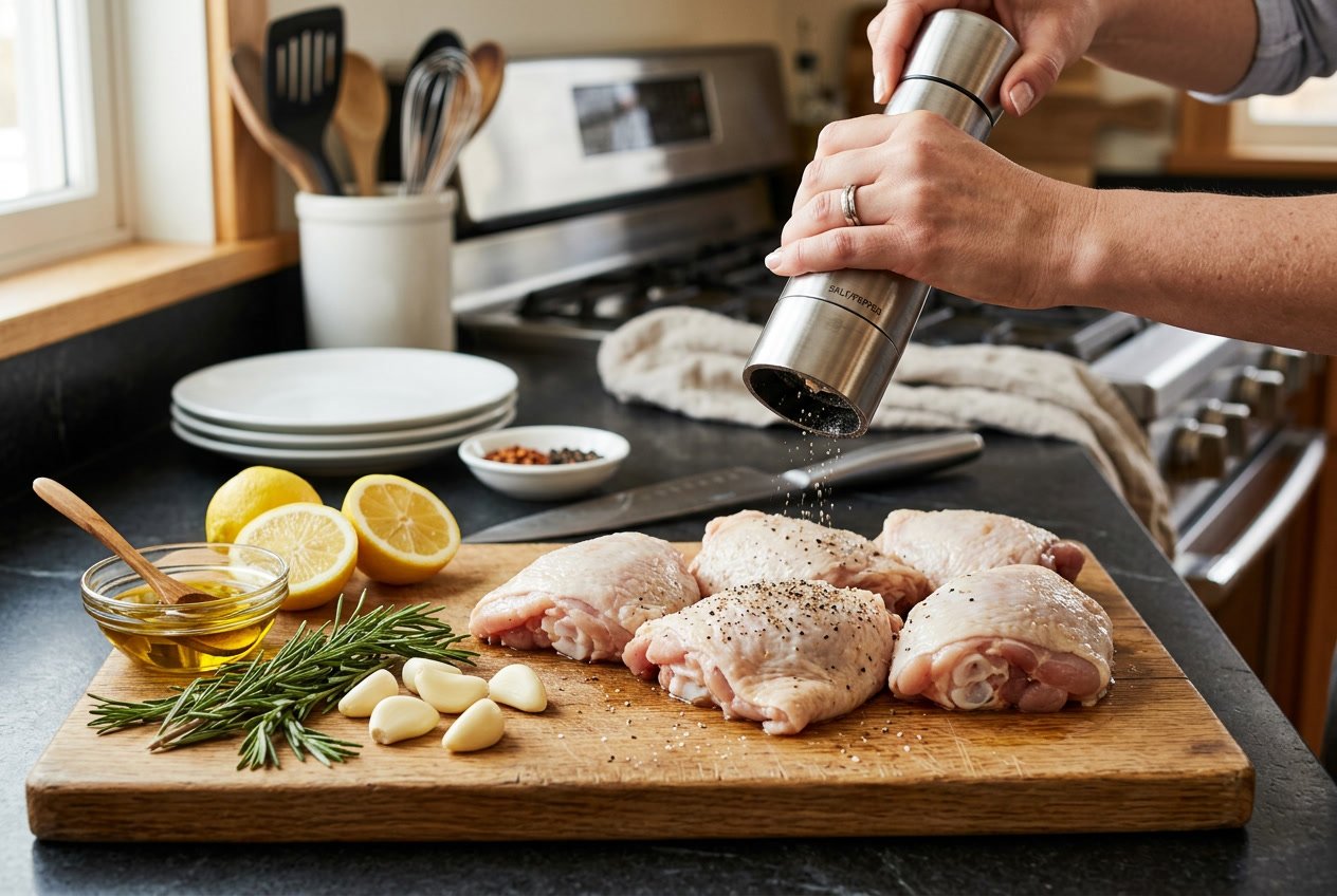 Raw chicken thighs on a cutting board with fresh herbs and spices being prepared in a kitchen.