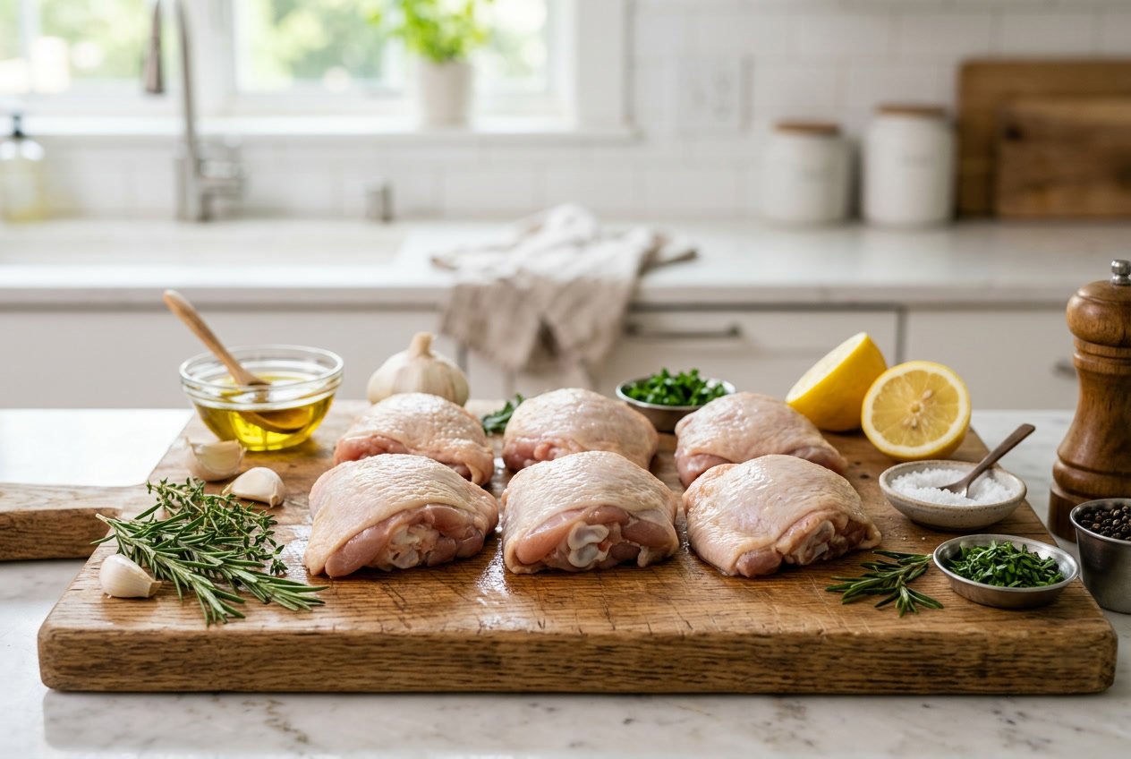 Raw chicken thighs on a wooden cutting board surrounded by fresh herbs, garlic, lemon, and olive oil in a kitchen.