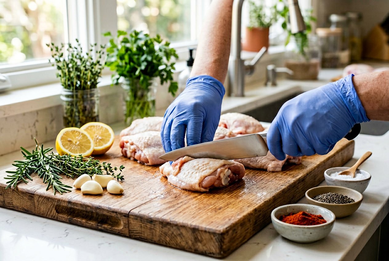 Hands preparing raw chicken thighs on a wooden cutting board with fresh herbs and spices nearby.
