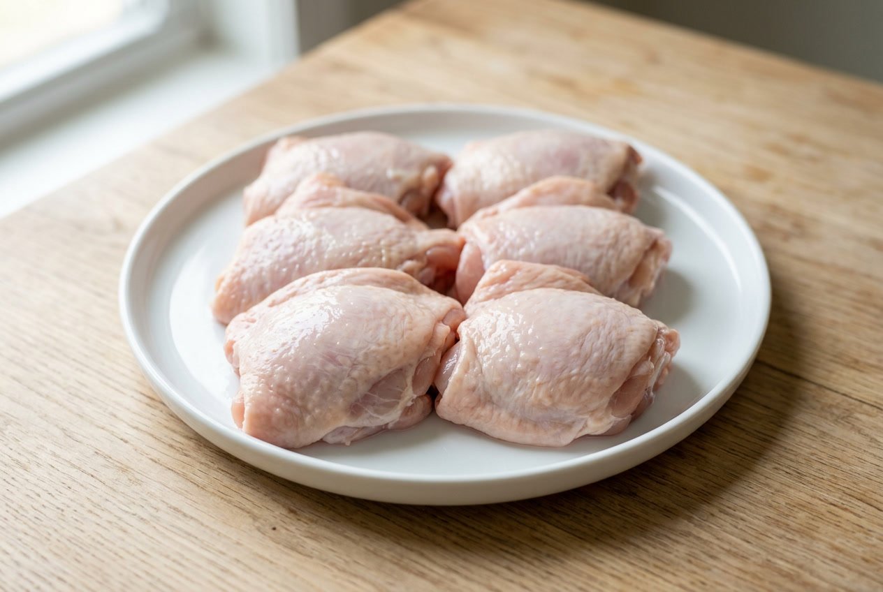 Raw chicken thighs arranged on a white plate on a wooden surface.