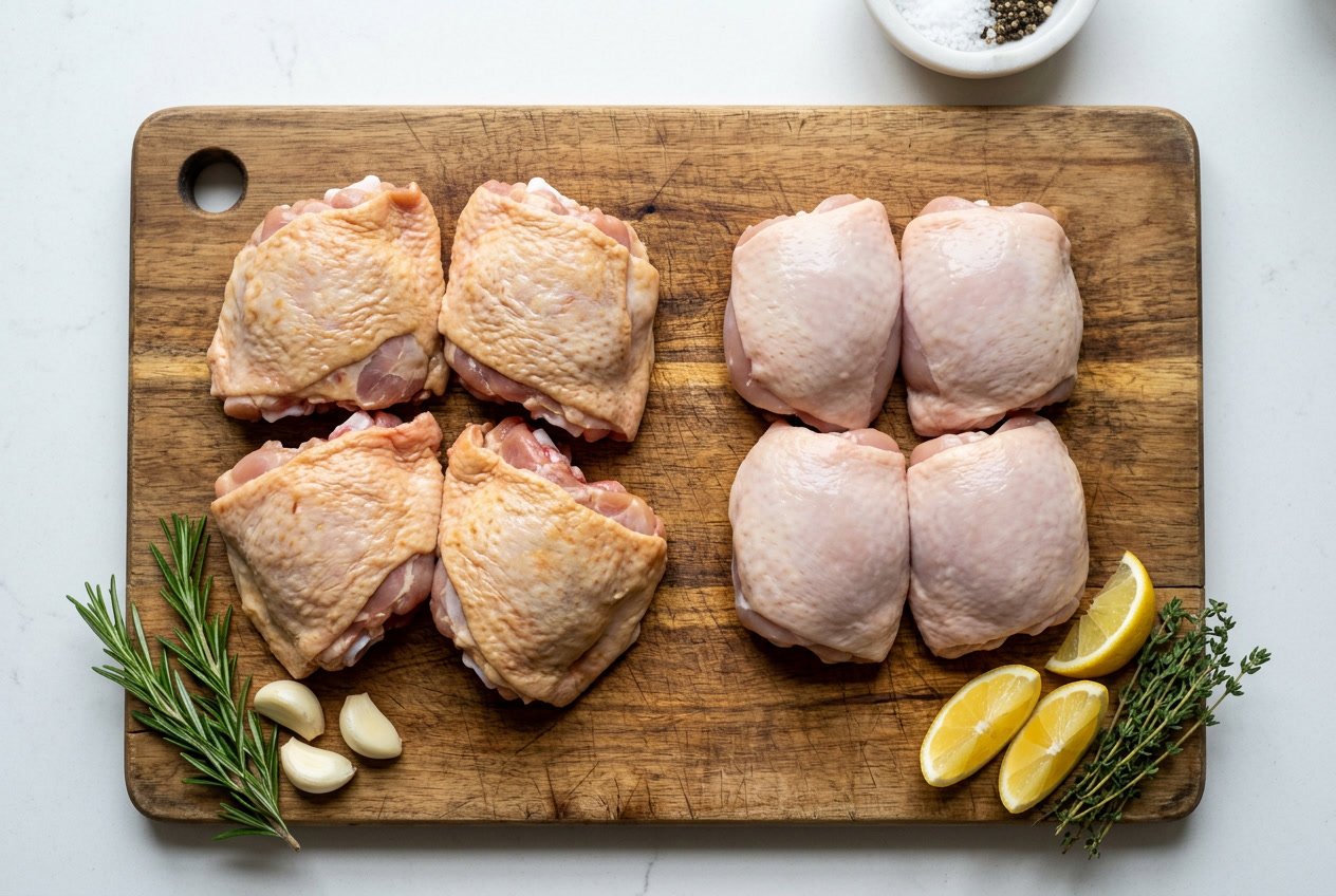 Raw bone-in and boneless chicken thighs placed side by side on a wooden cutting board with fresh herbs and lemon wedges nearby.