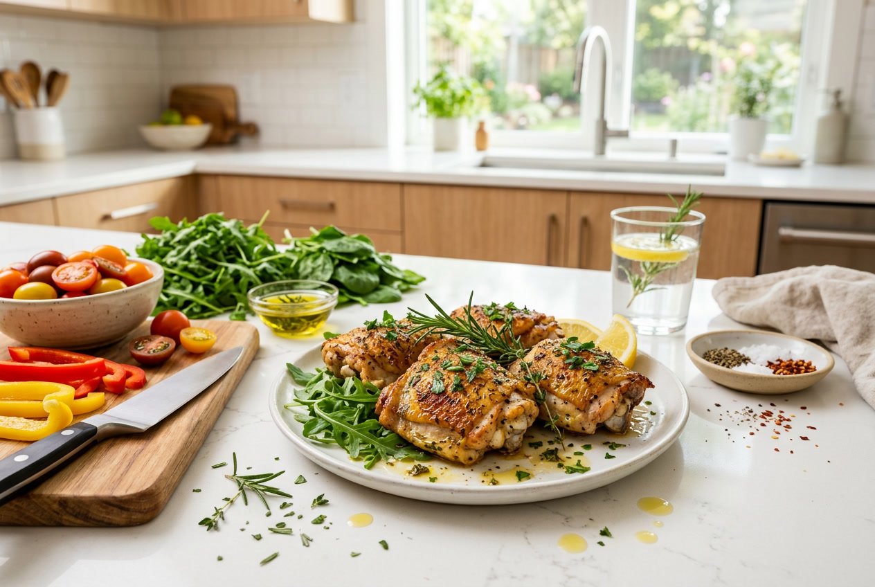 A plate of cooked chicken thighs garnished with fresh herbs on a kitchen countertop surrounded by fresh vegetables.
