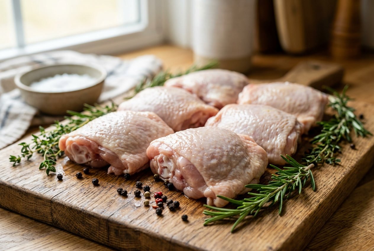 Raw chicken thighs placed on a wooden cutting board with fresh herbs and peppercorns around them.