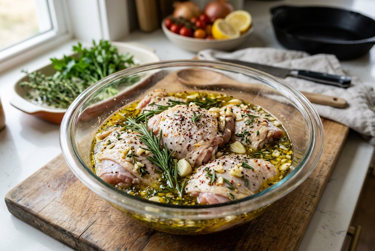 Raw chicken thighs marinating in a glass bowl with herbs and spices on a kitchen countertop.