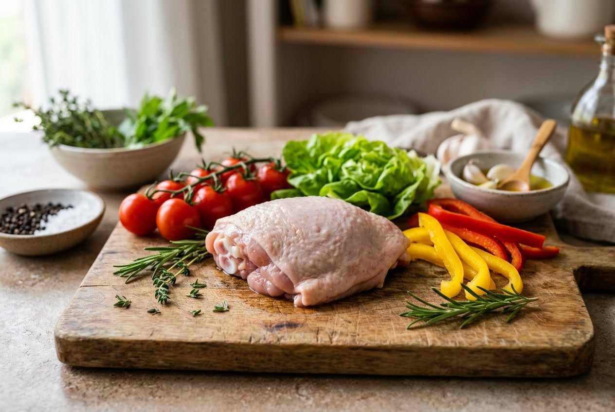 A raw chicken thigh on a wooden cutting board surrounded by fresh vegetables and herbs in a kitchen setting.