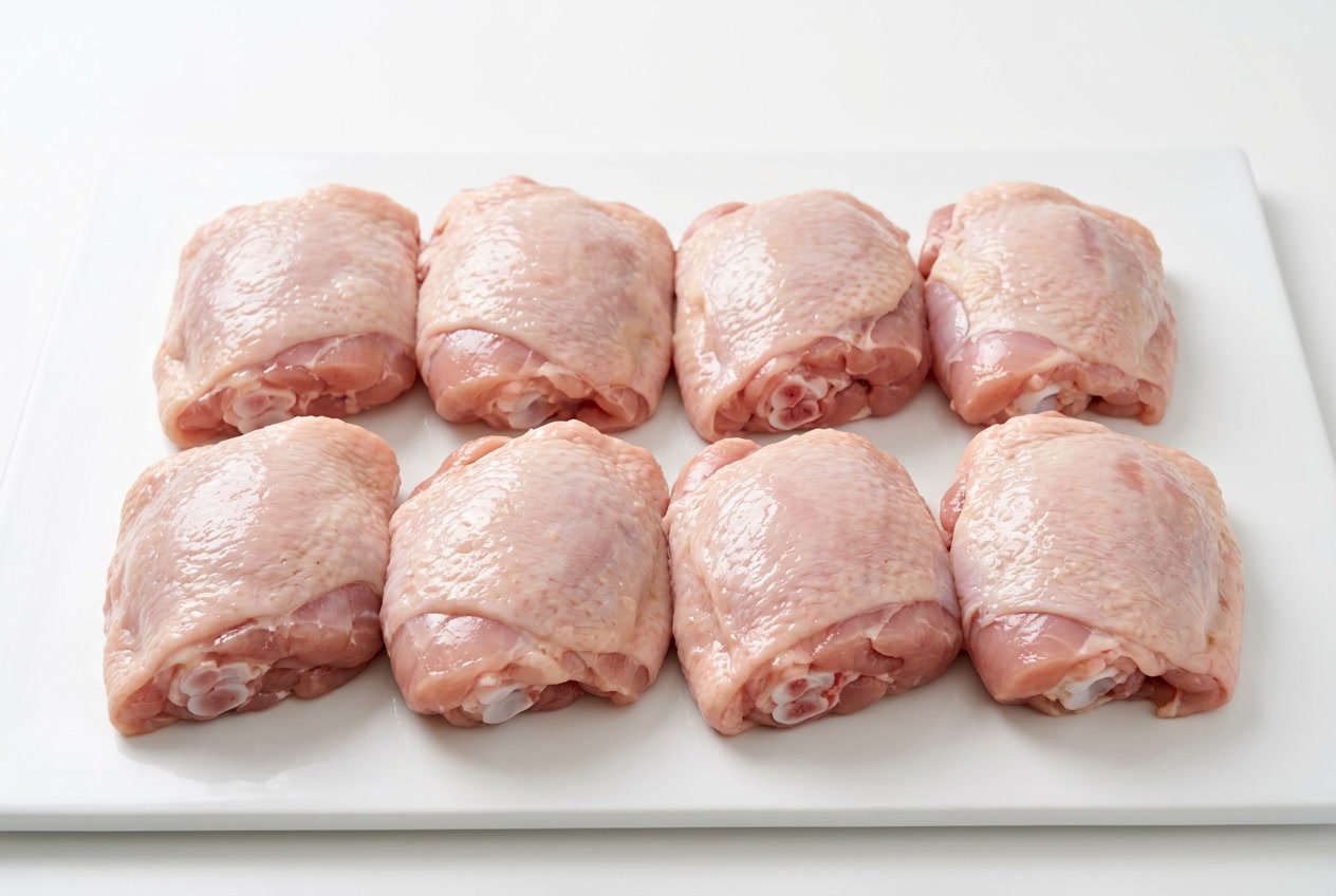 Raw chicken thighs arranged neatly on a white surface.