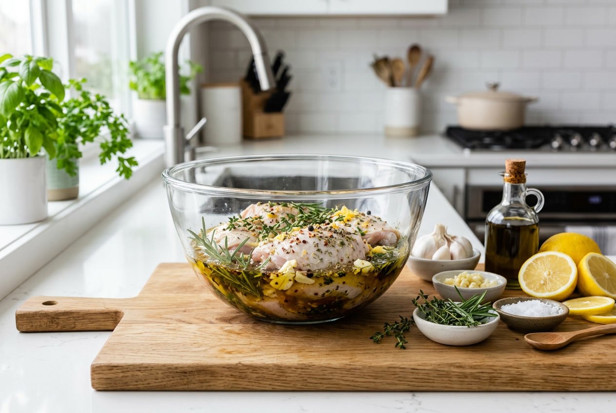 A kitchen counter with a glass bowl of raw chicken thighs marinating surrounded by fresh herbs, lemon slices, garlic, and spices.